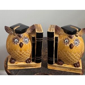 Pair of Kitschy Wise Old Owl Bookends Graduation Graduate Googly Eyed Owls